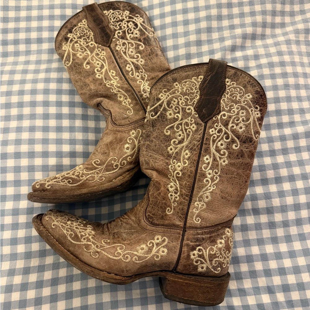 Corral Brown Embroidered Western Heeled Boots Teen Size 2